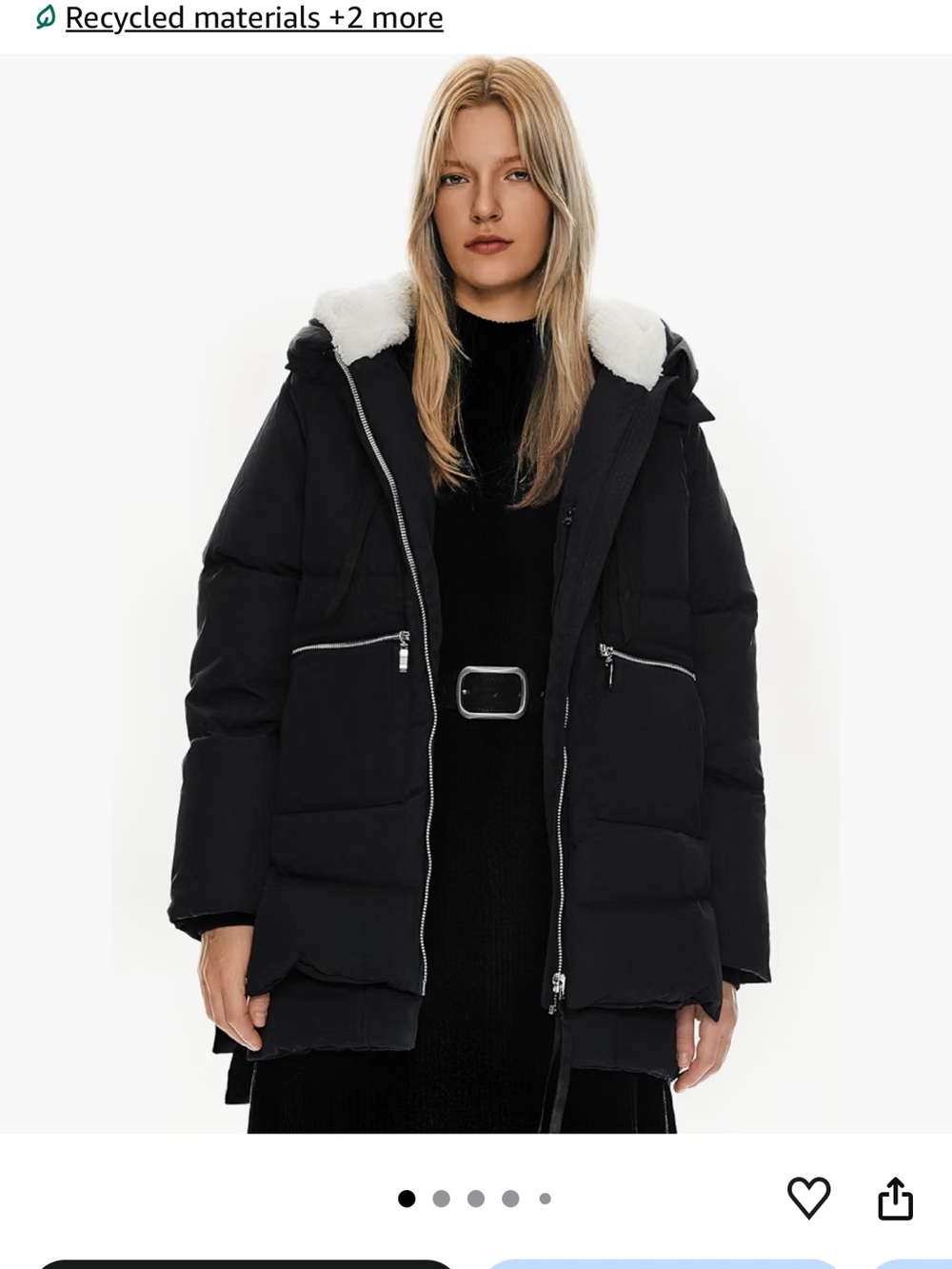 OLAY Women's Black Puffer Jacket with White Shearling Hood Trim
